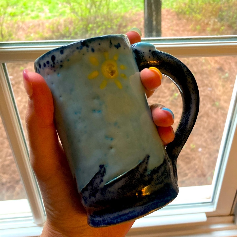 Handmade Pottery Blue Waves Mug Cup With Sun